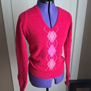 Express Red and Pink V-Neck Argyle Sweater